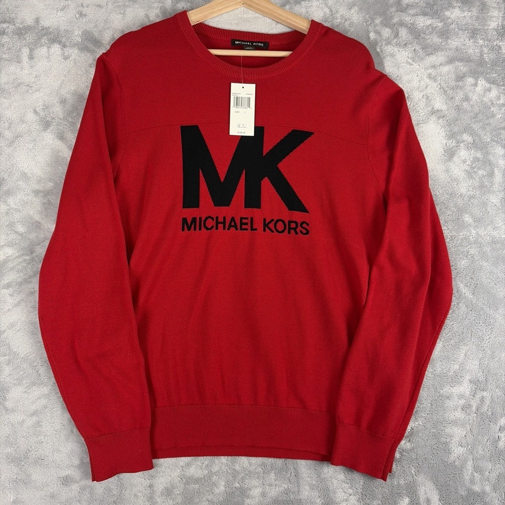 Michael Kors Mens Knit Long Sleeve Sweatshirt Logo Red Black Size Large $128 NWT